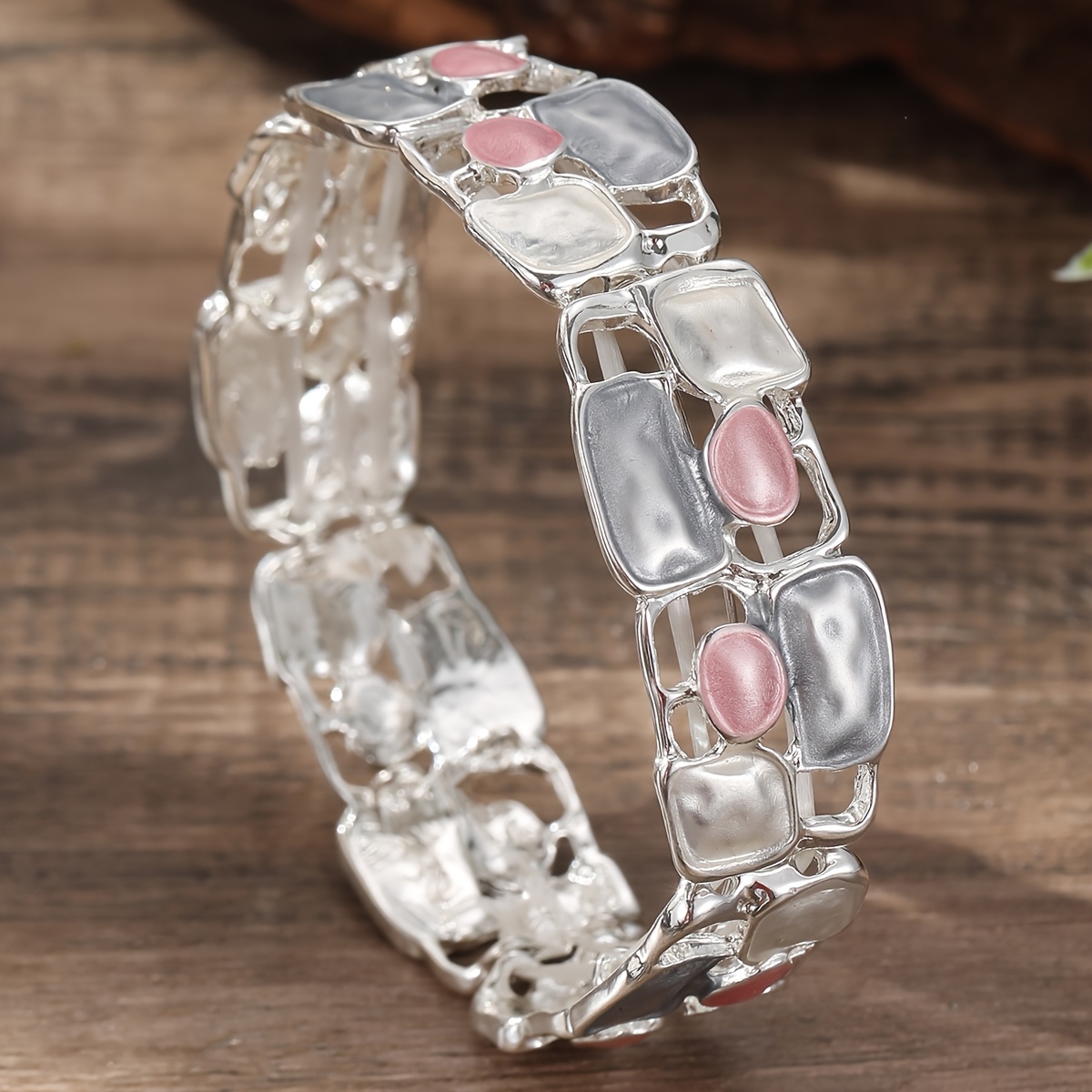 KAMILLE Vintage Silver Plated Geometric Enamel Stretch Bracelet